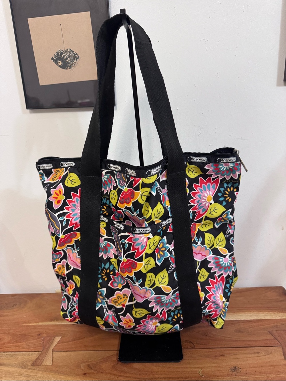 LeSportsac Black Floral Print Tote with Multicolor Blooms